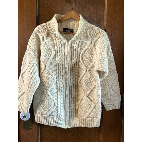 Sisandina Handicrafts Sweaters - Hand Knit 100% Wool Fisherman's Sweater Sz M Cream Zip Made In Ecuador Sisandia